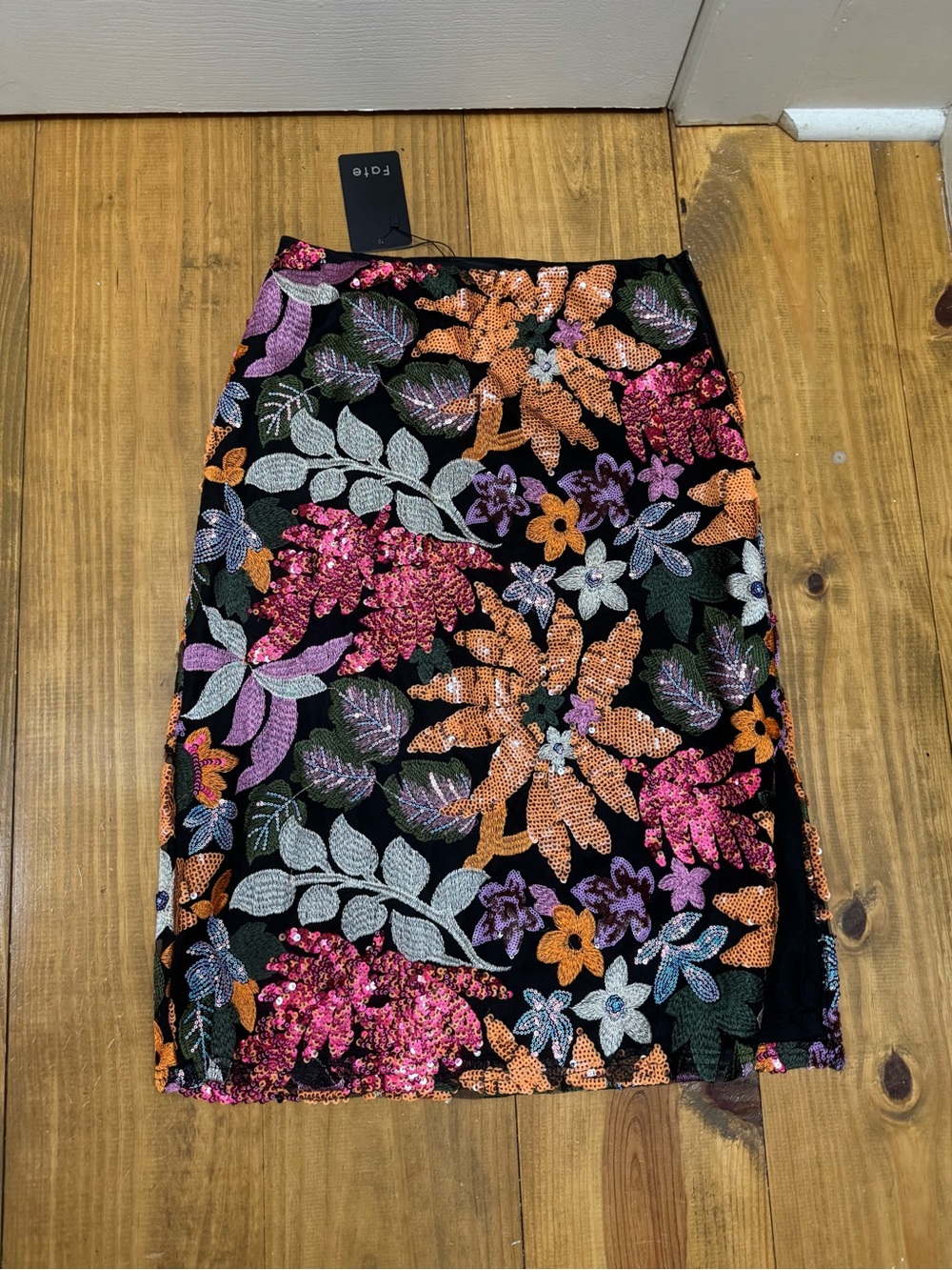 Fate Black Sequin Floral Pencil Skirt with Pink & Orange Accents